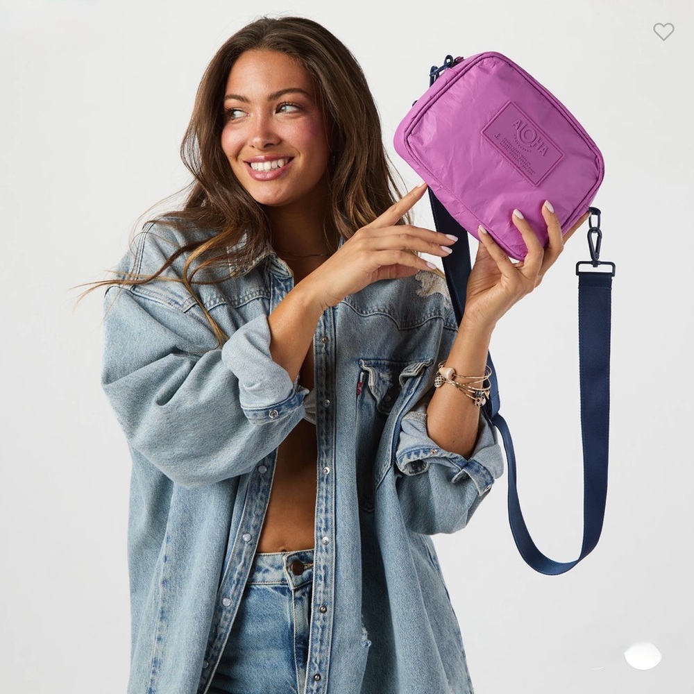 ALOHA Collection Purple orchid Crossbody Bag with Navy Strap Le tour